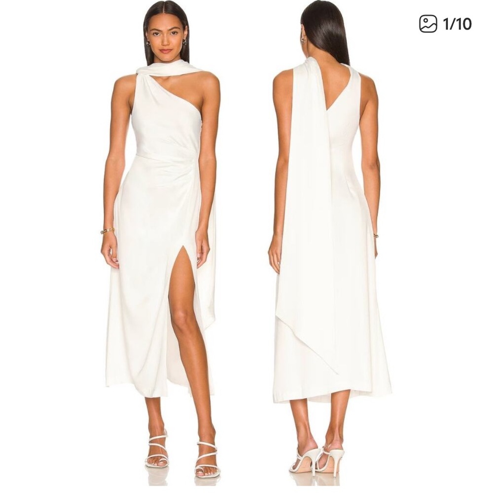 Misha Estra One Shoulder Dress Scarf Detail Side Slit Formal Bridal Ivory Size 0